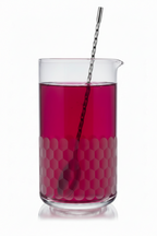 Clear cocktail mixing glass beaker with pink liquid on a white background