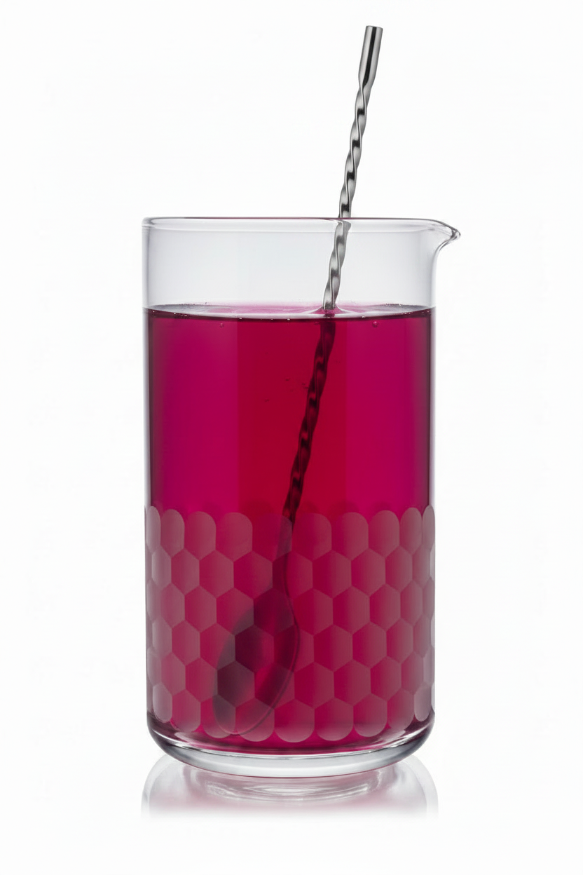Clear cocktail mixing glass beaker with pink liquid on a white background