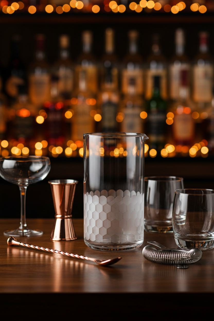 Bar setup with cocktail glasses, jigger, and strainer on a bar counter with blurred bottles in the background.