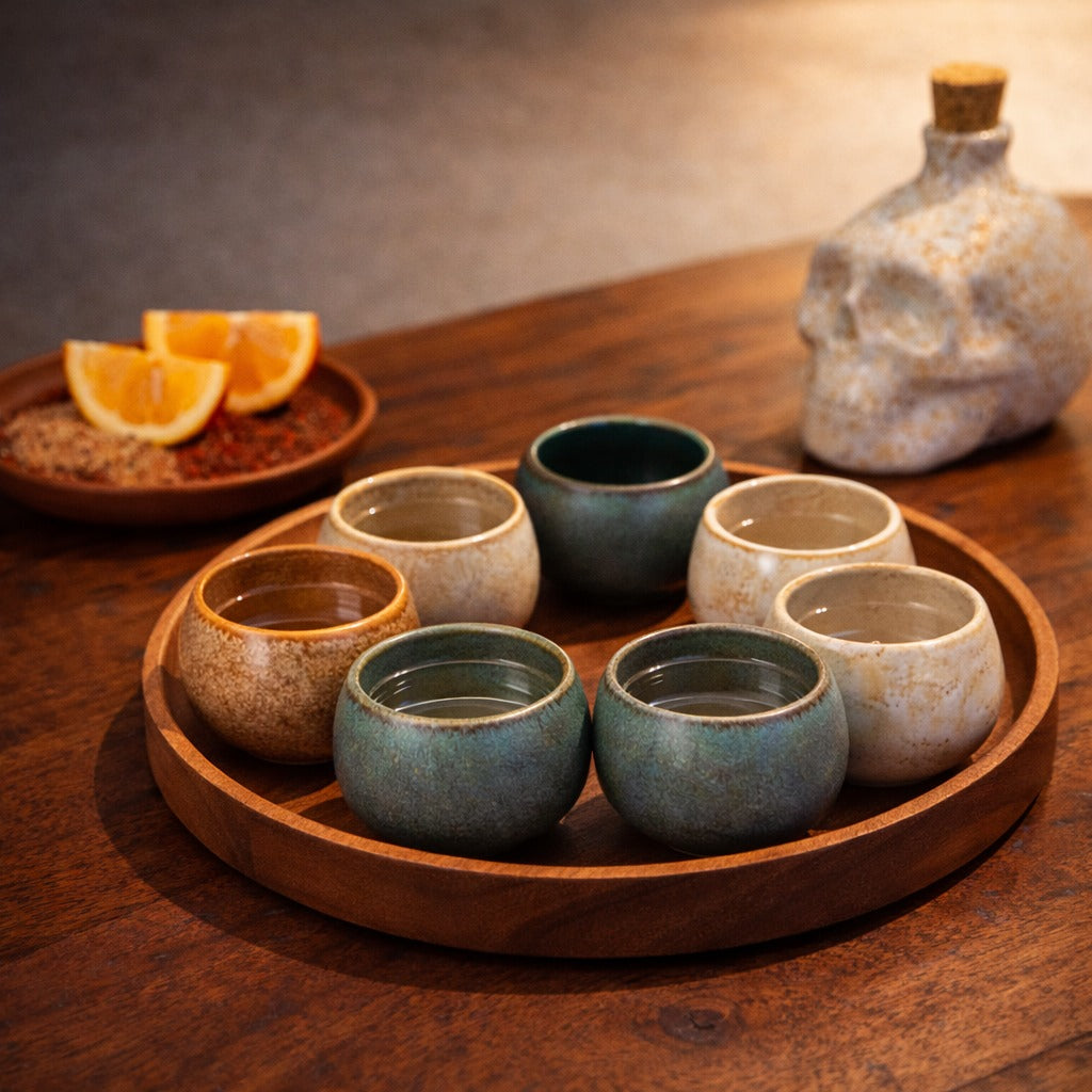 Set of ceramic cups on a wooden tray with a skull-shaped bottle in the background.