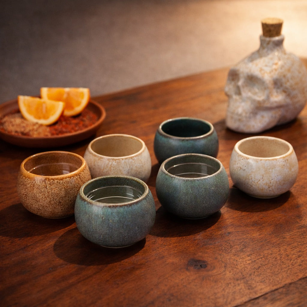 Set of ceramic cups on a wooden table with a skull-shaped bottle in the background.