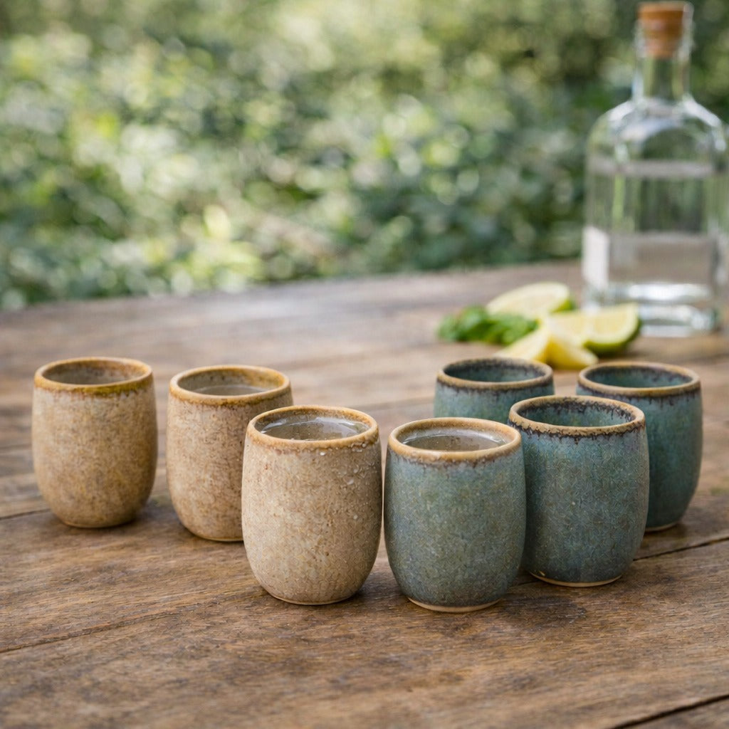 Set of ceramic cups on a wooden table with a blurred natural background