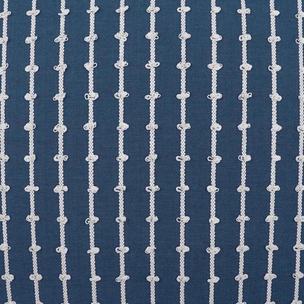 Textured blue fabric with white vertical stripes