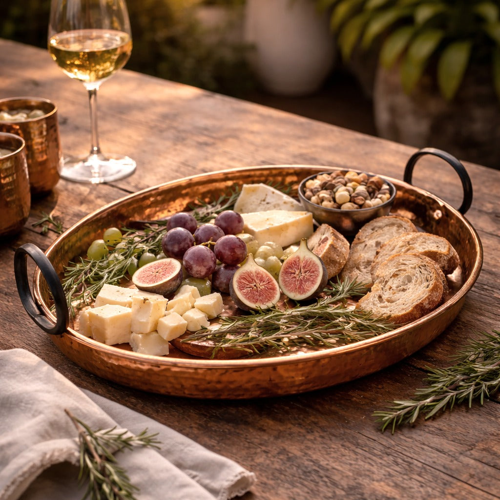 Copper tray with assorted cheeses, fruits, and bread on a wooden table with a glass of white wine.