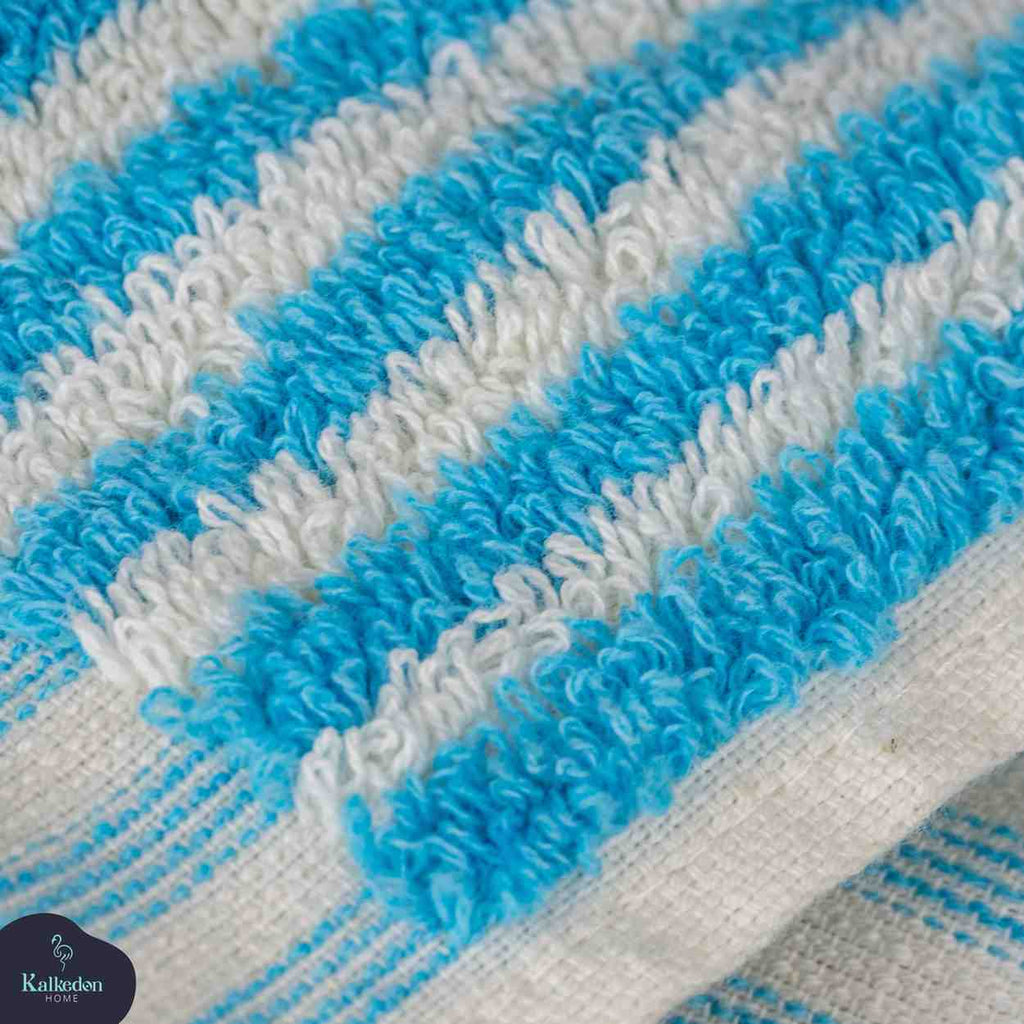 Close-up of a turquoise and white striped hand towel with textured, soft cotton fabric.
