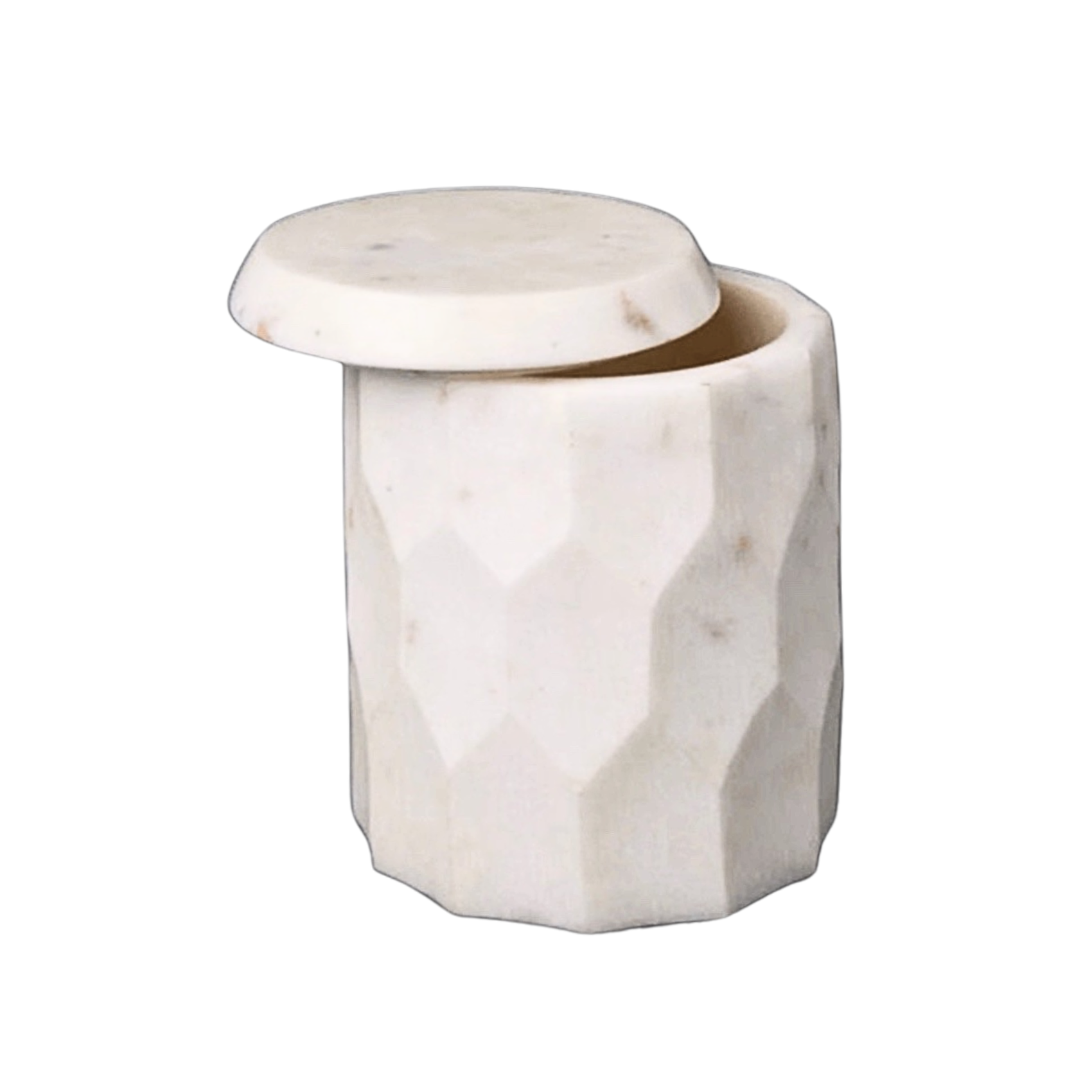 Marble-textured container with a lid on a white background
