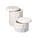 Two marble containers with faceted designs on a white background