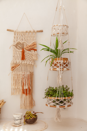 Macrame wall hanging and plant holders on a white wall