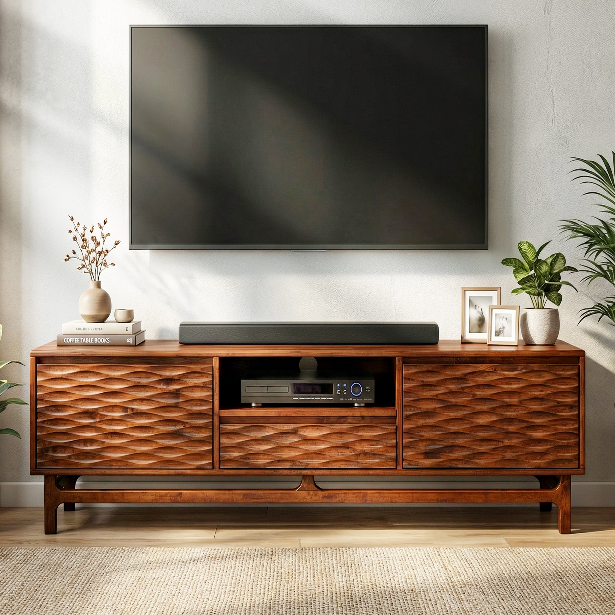Wooden TV stand with a television mounted above it, featuring decorative items.
