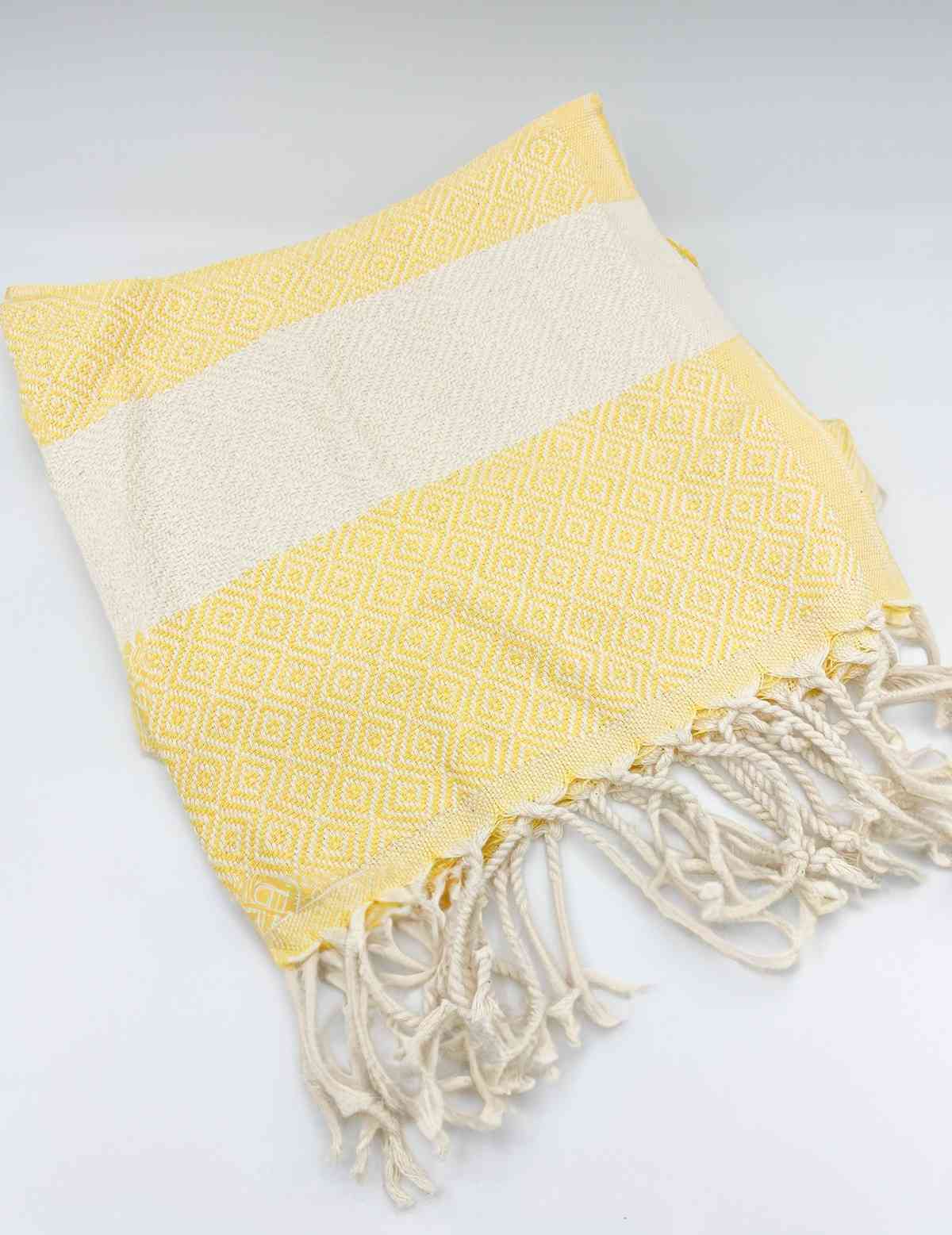 Yellow diamond pattern hand towel with white stripe and fringed edges on white background
