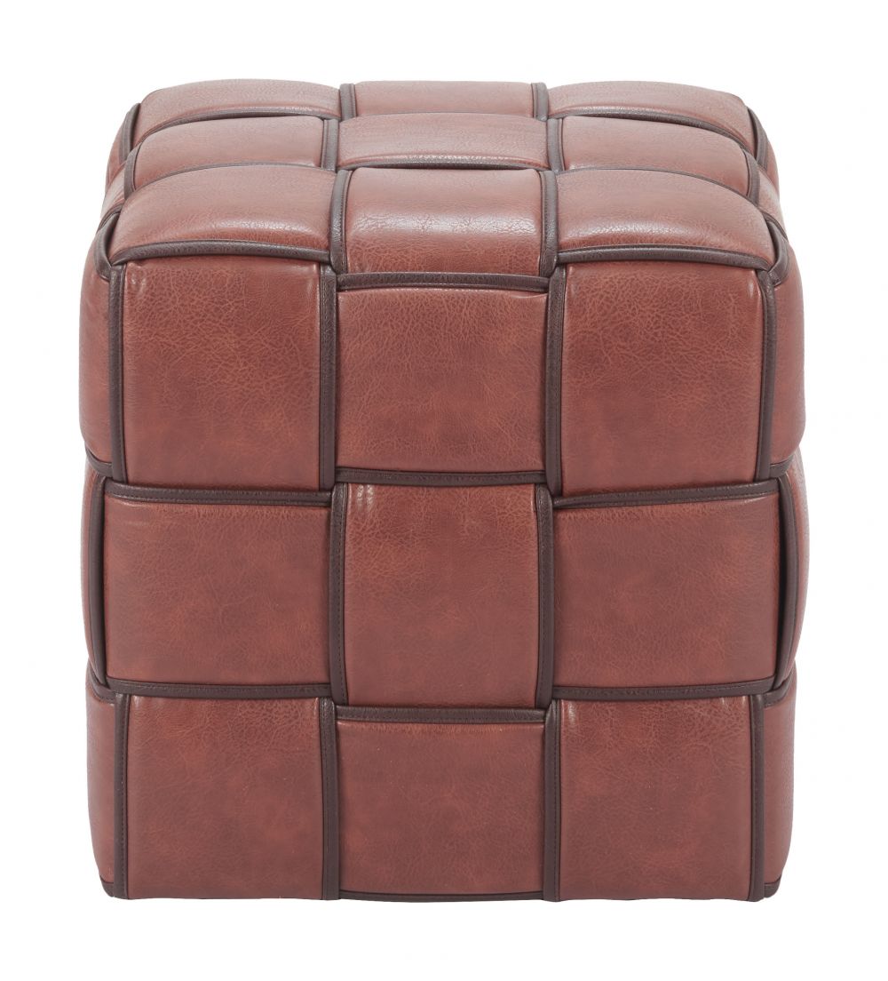 Brown leather ottoman with woven pattern on a white background