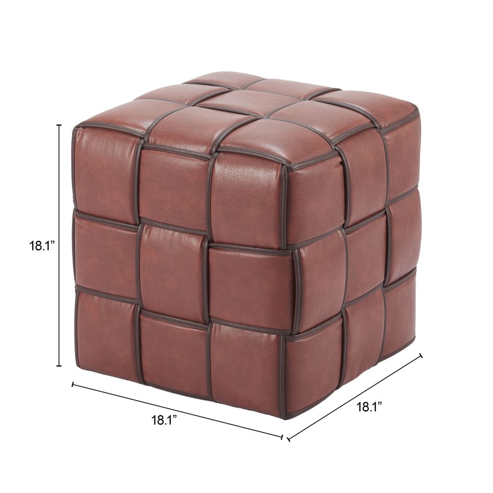 Brown leather cube ottoman with dimensions on a white background