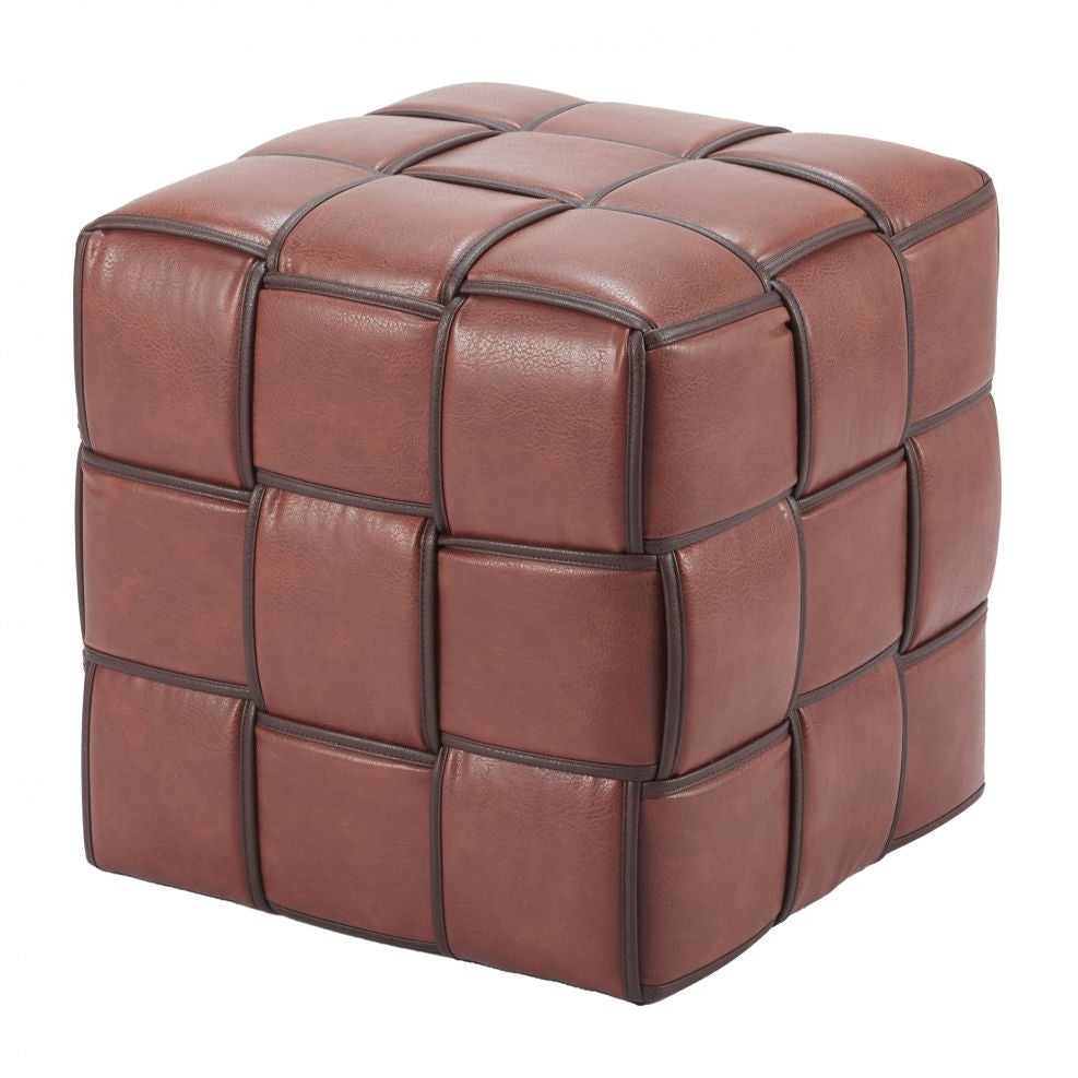 Brown leather cube ottoman on a white background