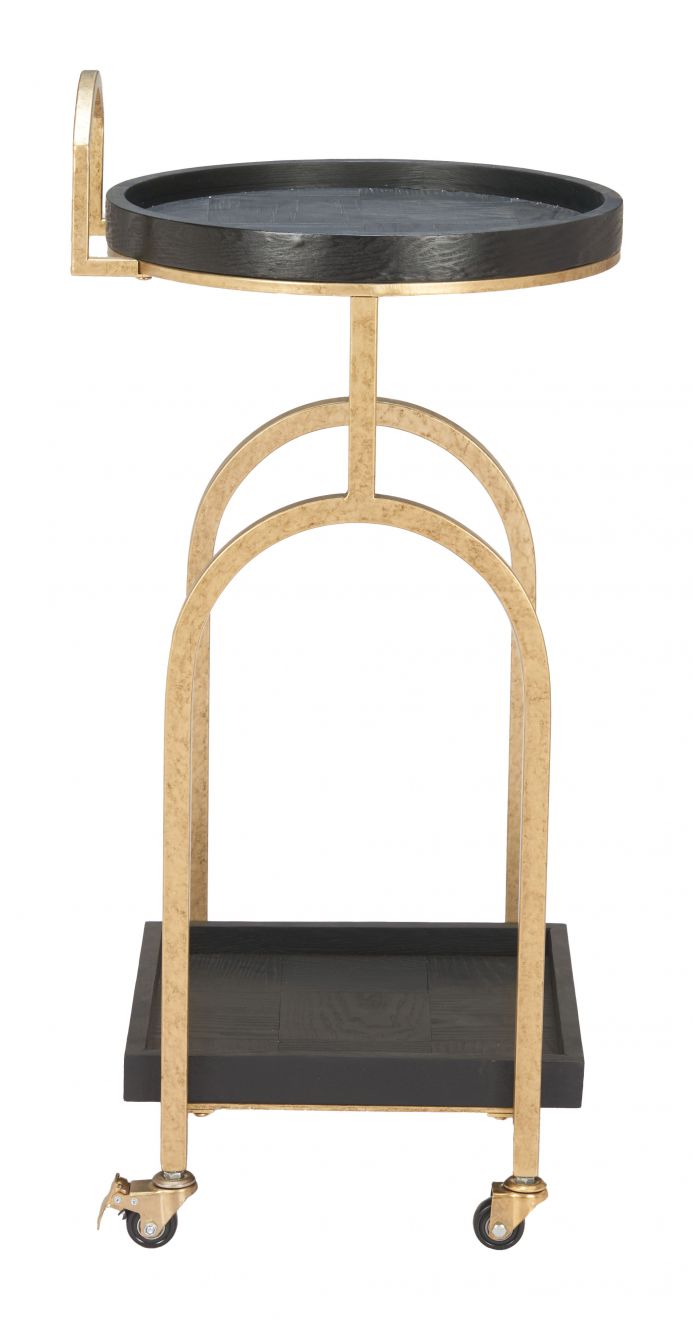 Two-tiered serving cart with black trays on a white background