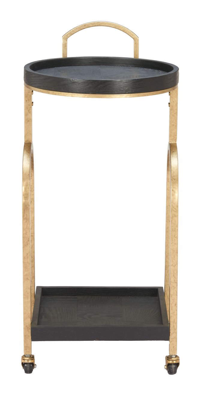 Two-tiered serving tray with black top and bottom trays and gold metal frame on a white background