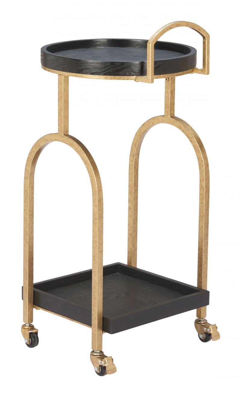 Two-tiered serving cart with black trays and gold metal frame on a white background
