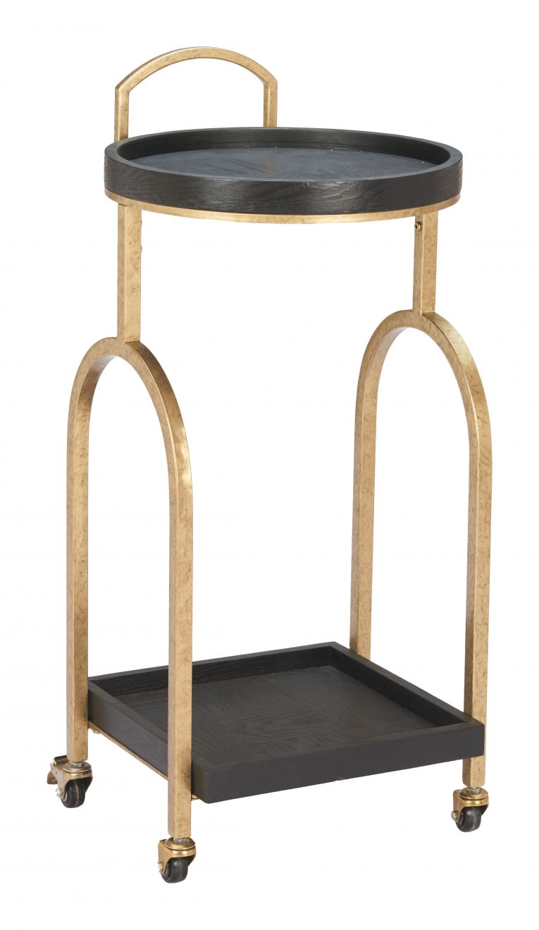 Two-tiered serving cart with black trays and gold metal frame on a white background