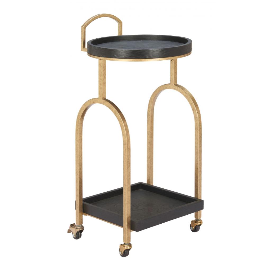 Two-tiered serving cart with black trays and gold metal frame on a white background