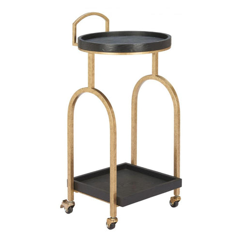 Two-tiered serving cart with black trays and gold metal frame on a white background