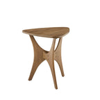 Wooden side table with a triangular top on a white background