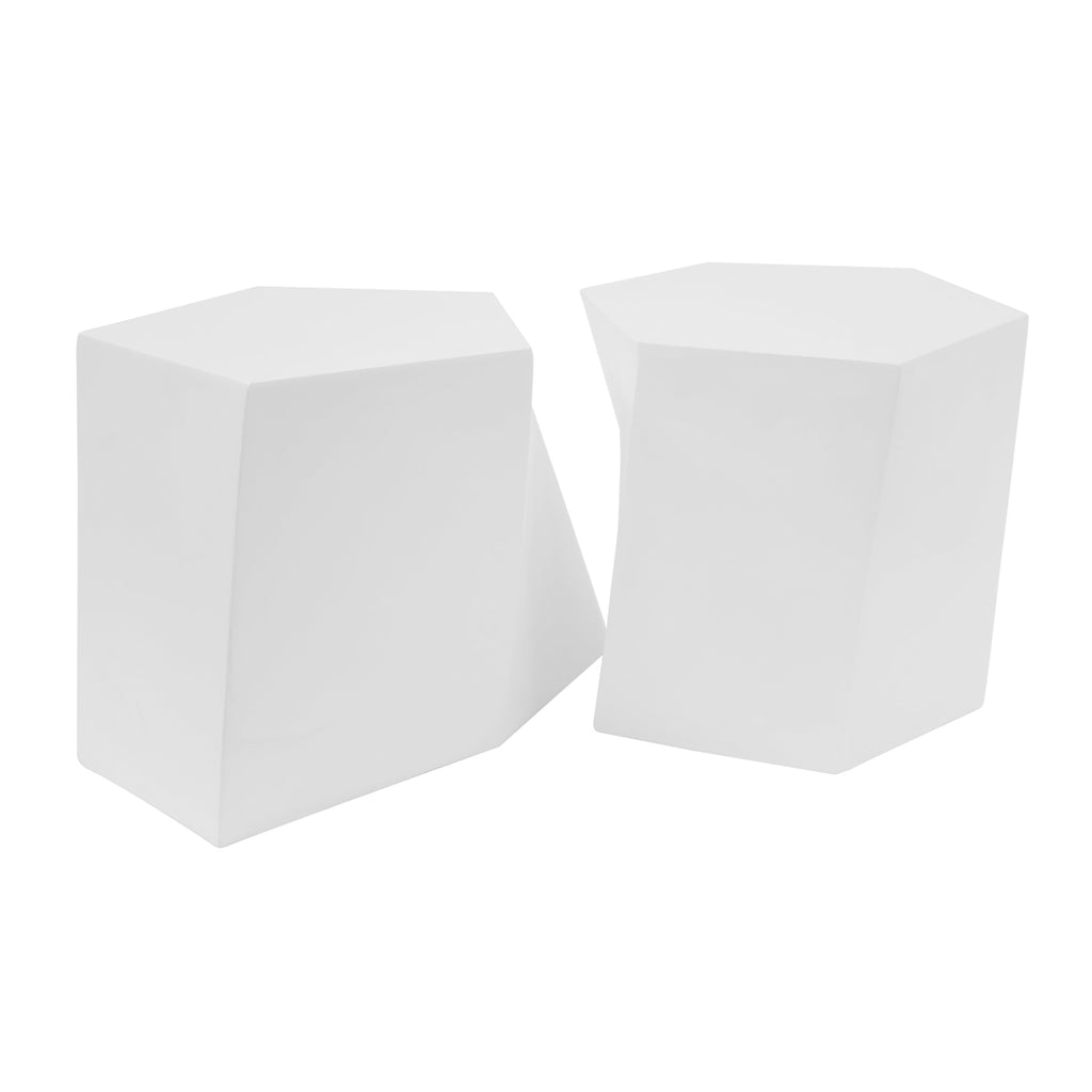Two white polygonal tables on a white background