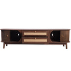 Wooden entertainment console with shelves and drawers on a white background