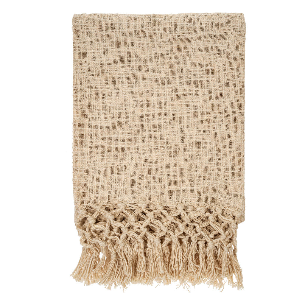 Beige textured throw blanket with fringes on a white background
