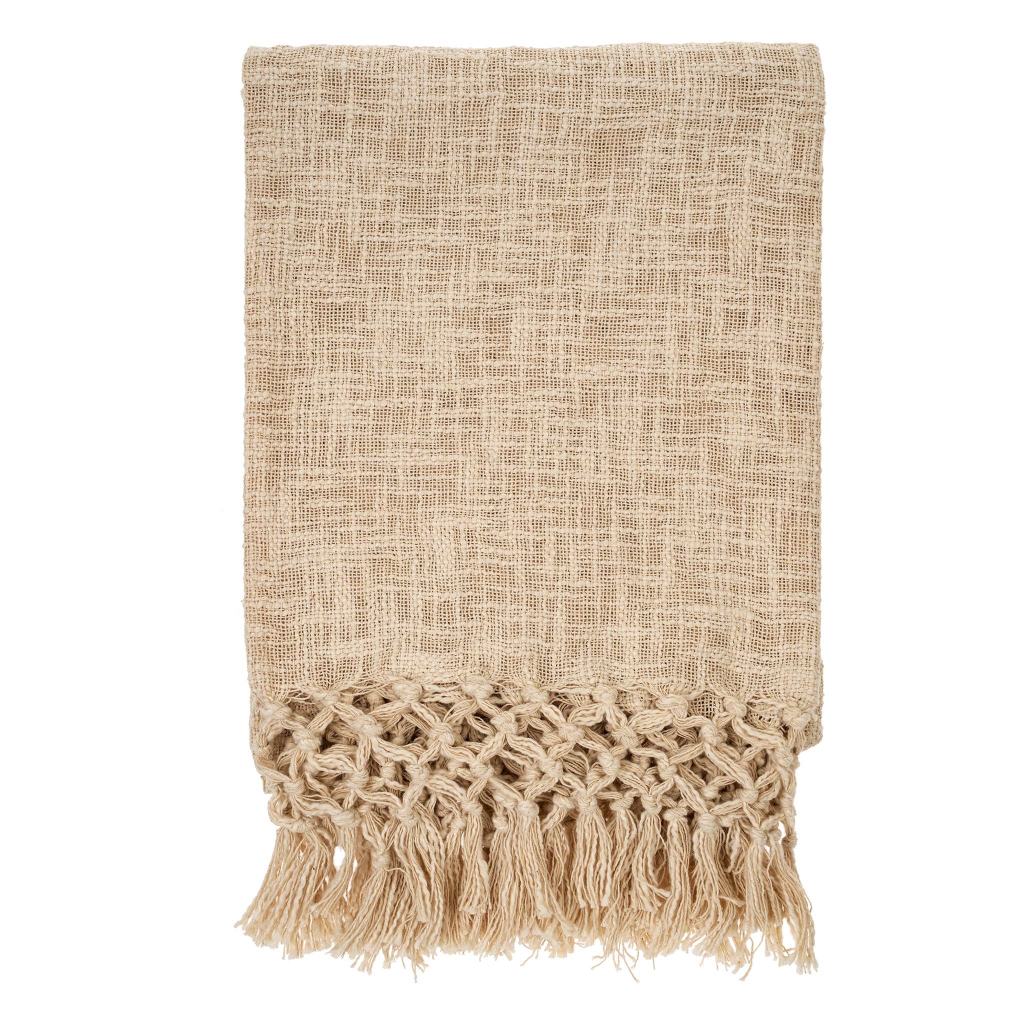 Beige textured throw blanket with fringes on a white background