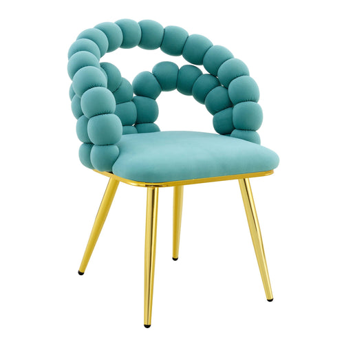 Teal chair with bubble-like backrest and gold legs on a white background