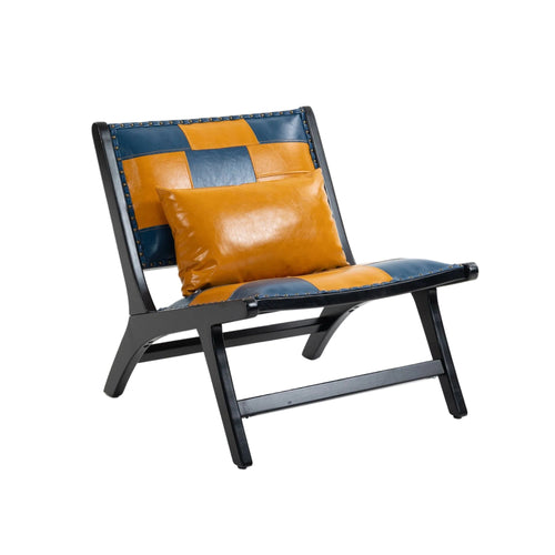Chair with orange and blue cushion on a white background
