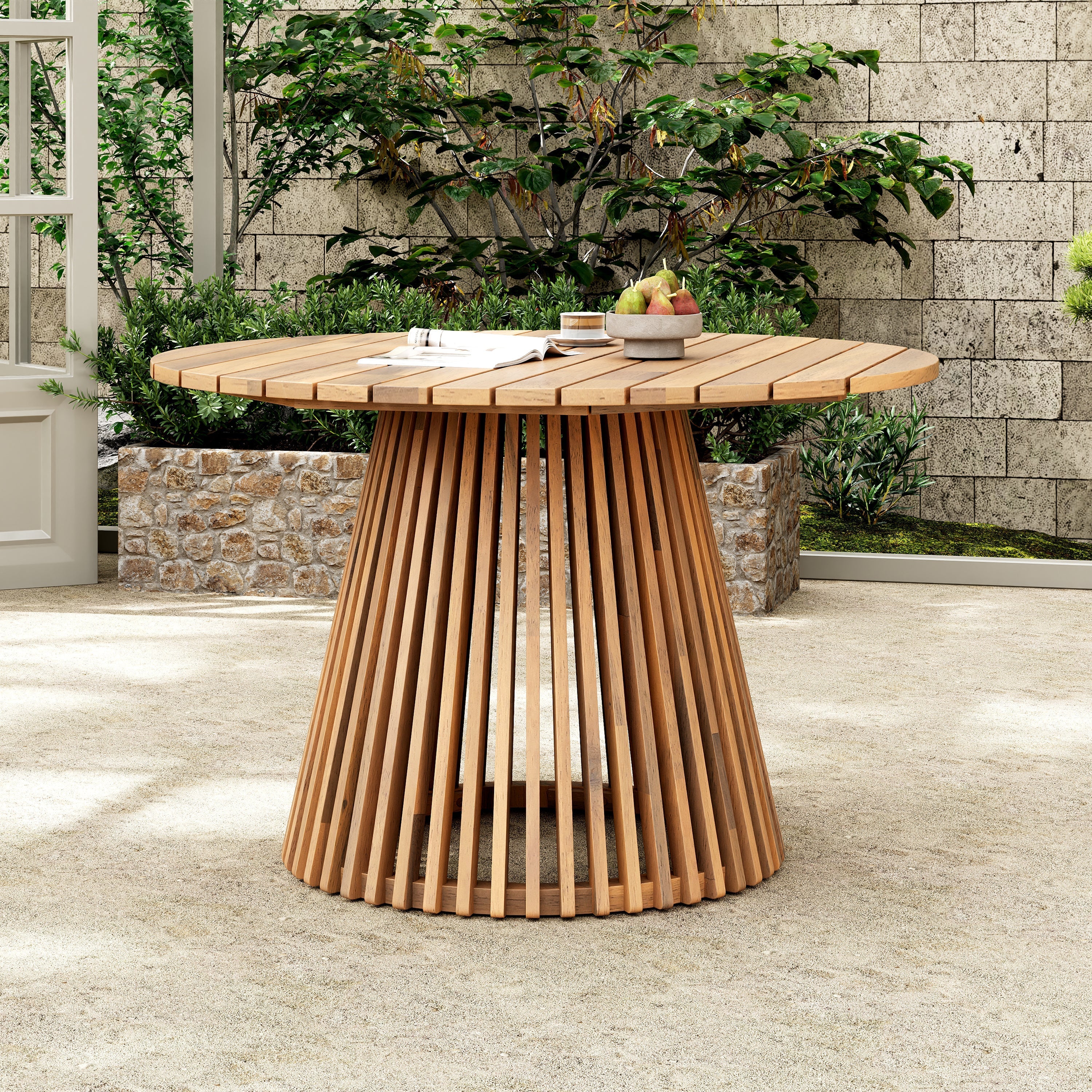 Wooden outdoor table with a modern design in a garden setting