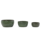 Three dark green textured ceramic planters in a nested set, displayed against a plain white background.