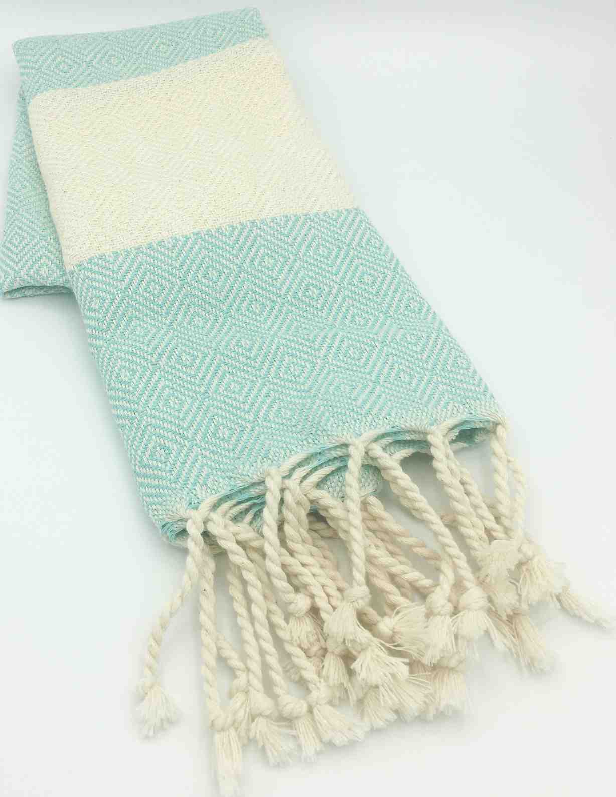 Aqua diamond-patterned hand towel with cream fringe tassels on white background