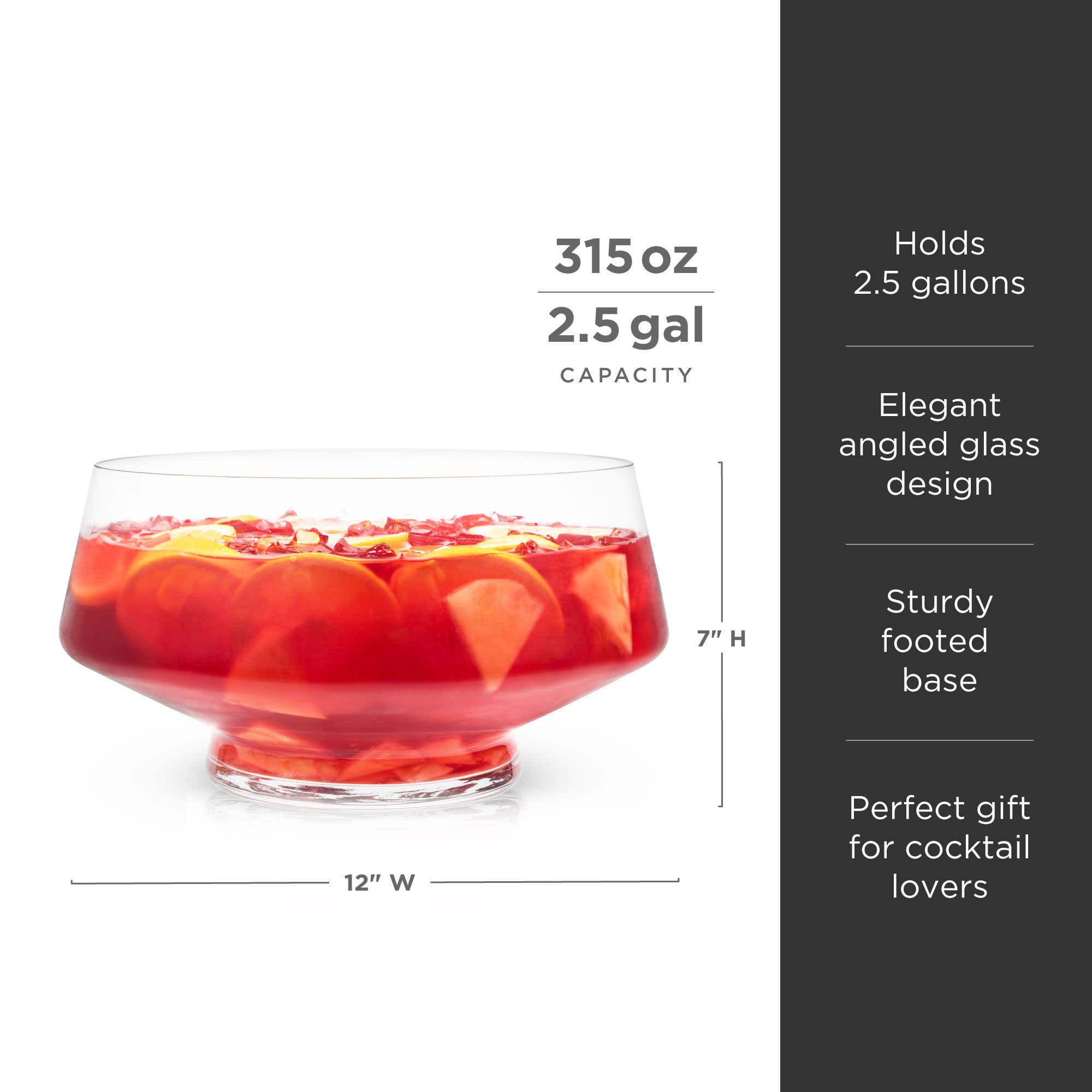Glass punch bowl with red liquid and fruit, featuring capacity and dimensions on a white background.