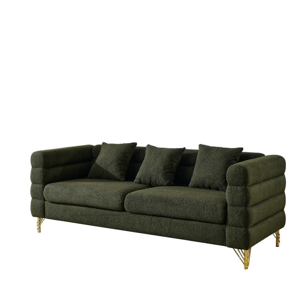 Dark green sofa with gold legs on a white background