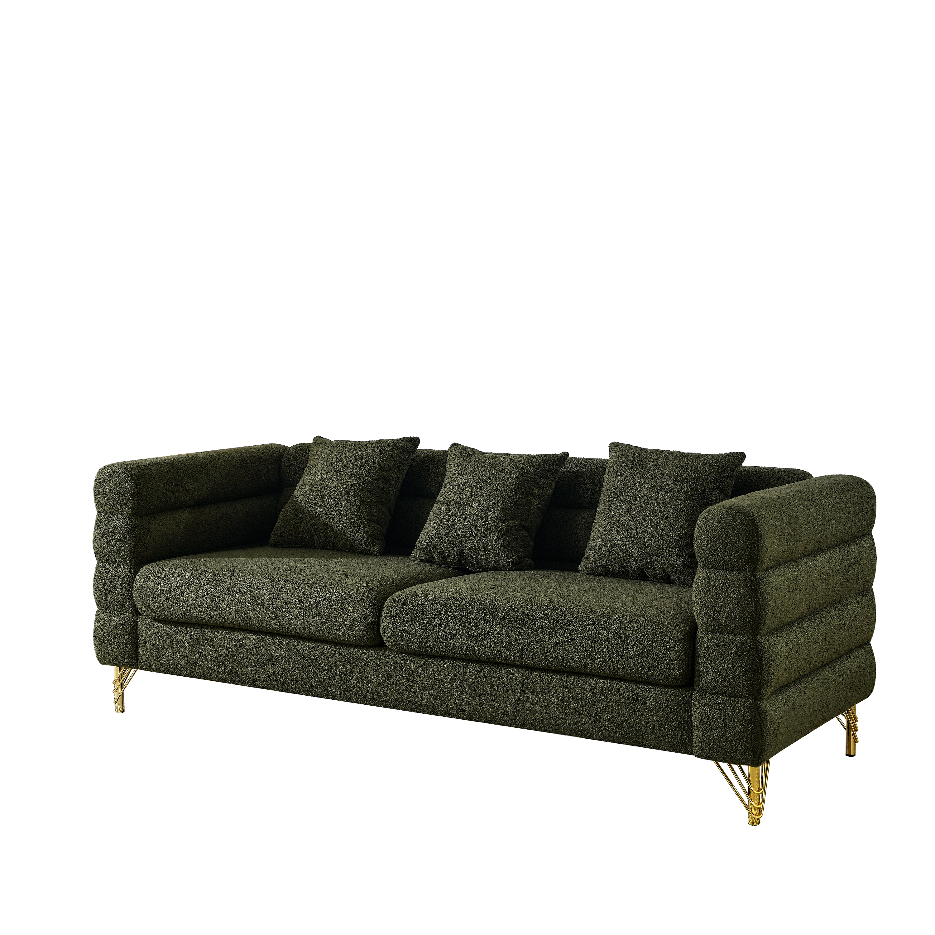 Dark green sofa with gold legs on a white background