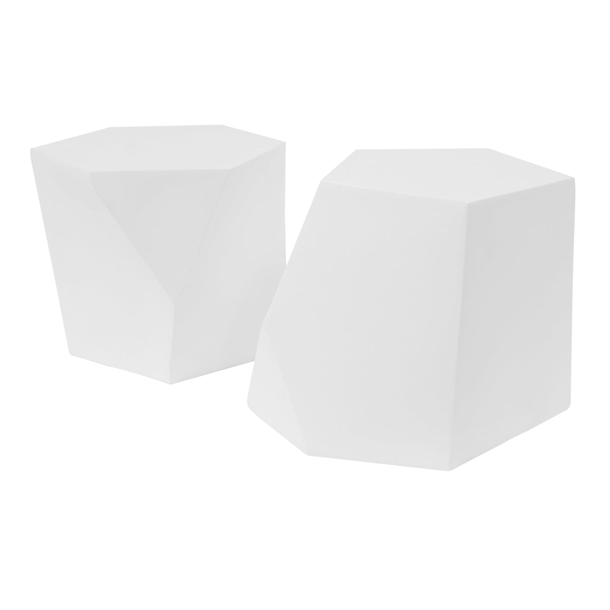 Two white side tables on a white background