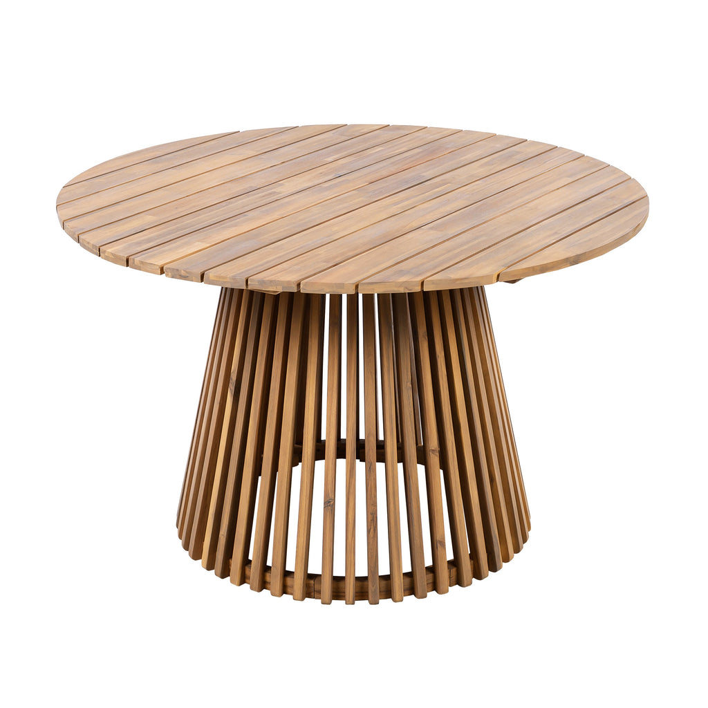 Wooden round table with slatted design on a white background