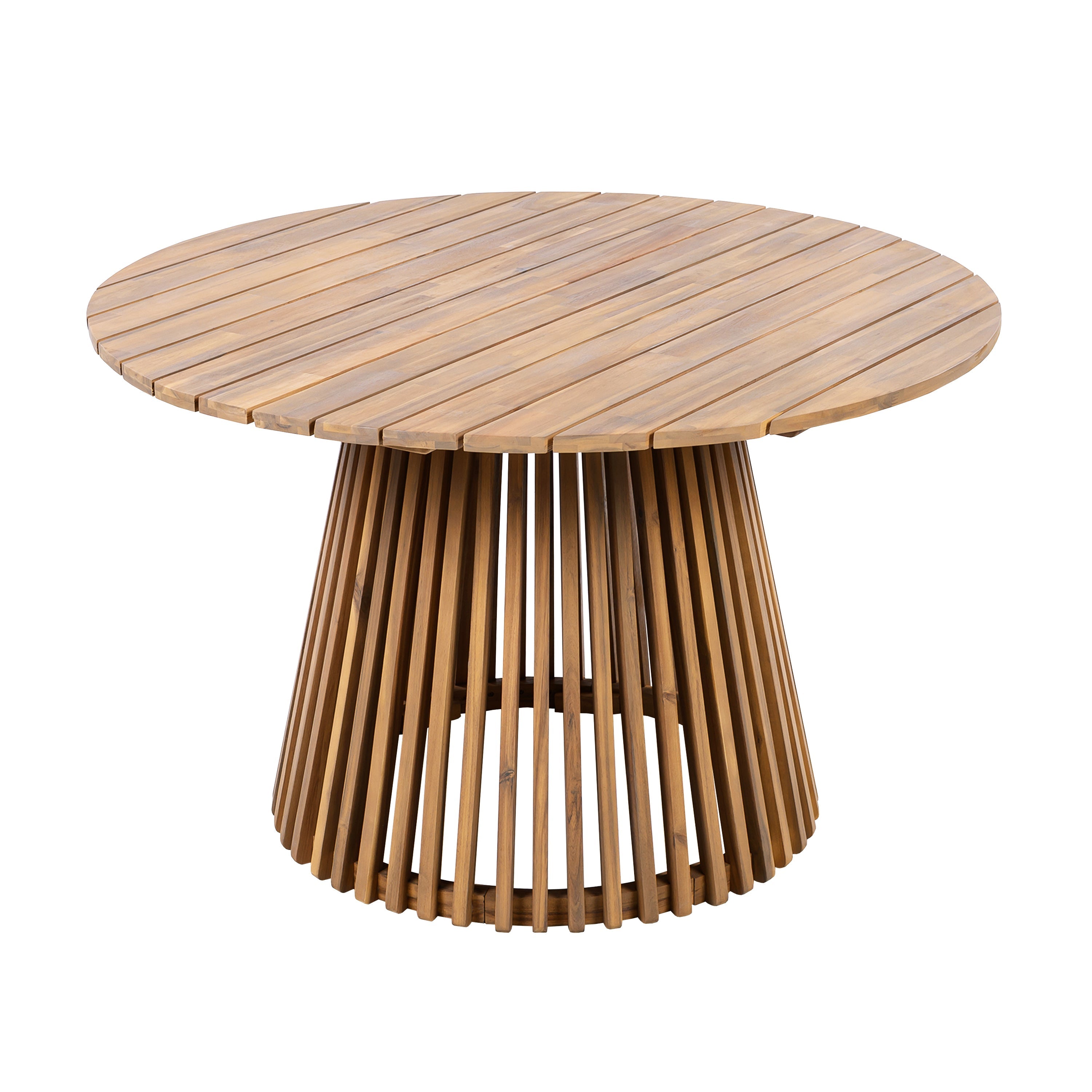 Wooden round table with slatted design on a white background