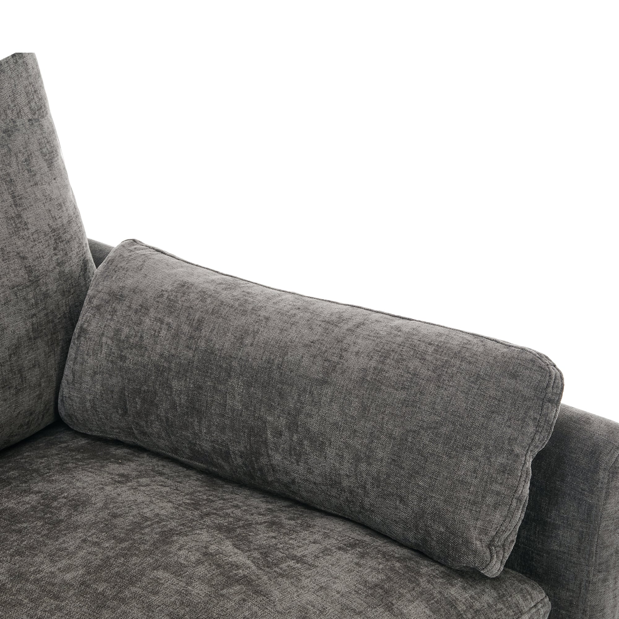 Gray fabric sofa with a close-up of a cushion on a white background
