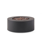 Round black fire pit with stones on a white background