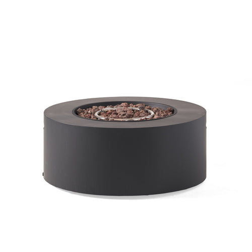 Round black fire pit with stones on a white background