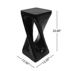 Black twisted side table with dimensions on a white background