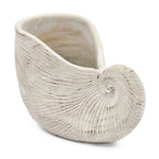 A ceramic planter shaped like a nautilus shell, featuring a textured, ribbed exterior and a glossy, warm off-white interior, set against a plain white background.