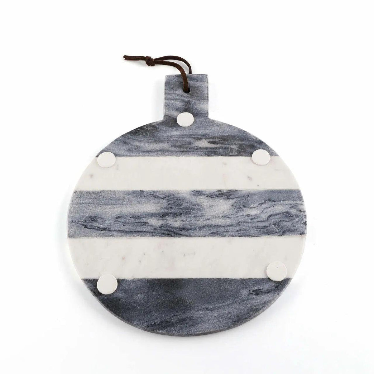Round marble serving board with gray and white horizontal stripes, featuring a handle with a dark brown hanging cord and four white circular accents, shown on a plain white background.