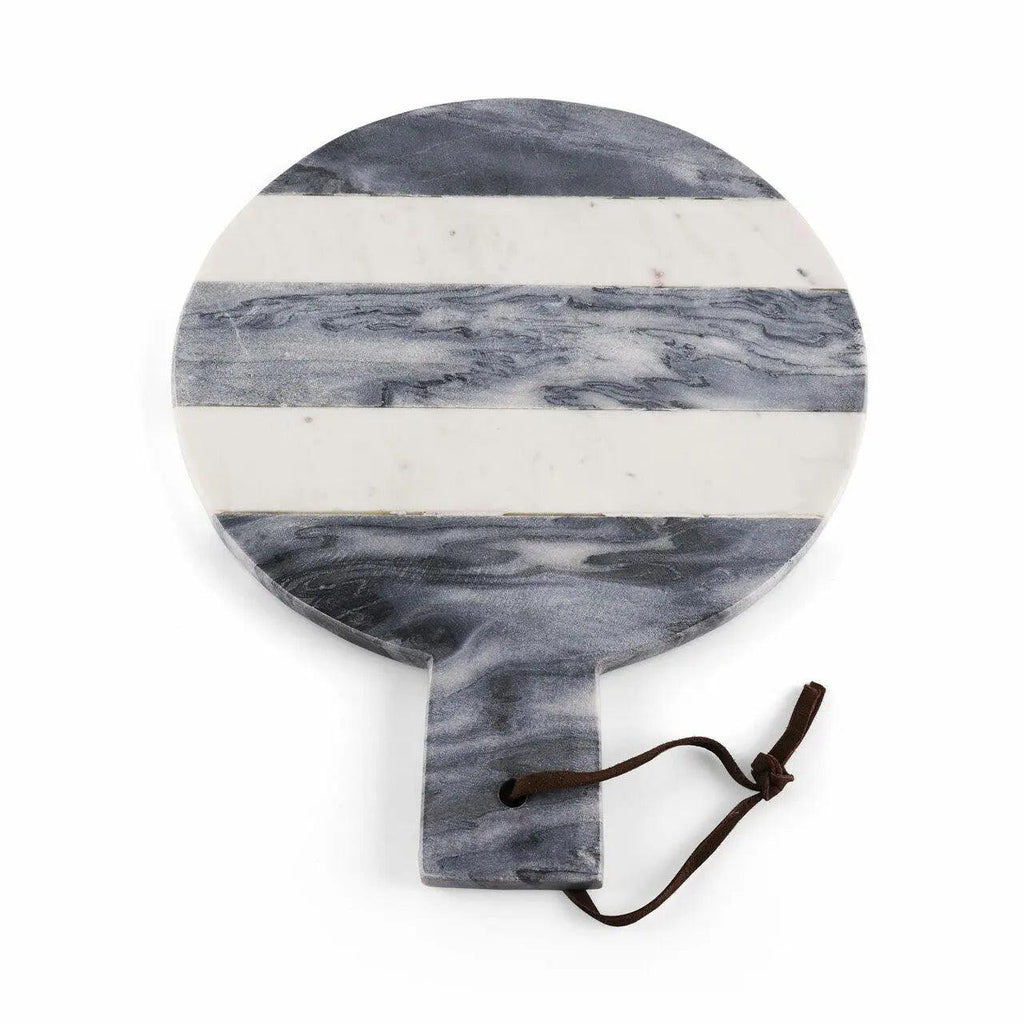Round marble serving board with alternating white and gray marbled horizontal stripes and a dark brown leather hanging cord, shown on a white background.