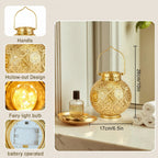 Decorative gold lantern with product details on a marble surface