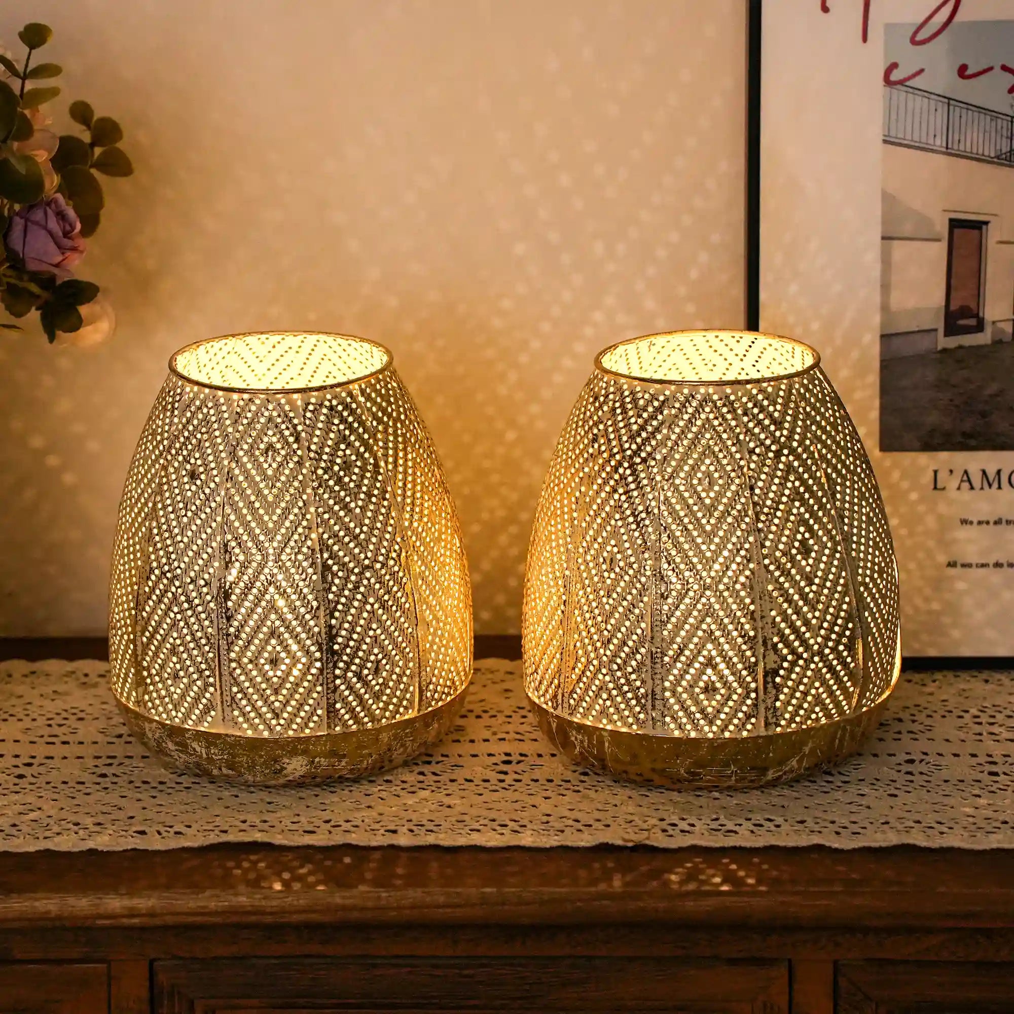 High Battery Powered Metal Decorative Table Lamps with Fairy Lights Bulb 7" (Set of 2)