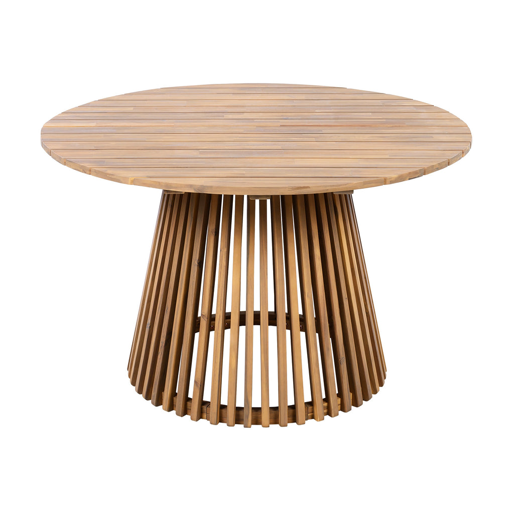 Wooden round table with a unique base design on a white background