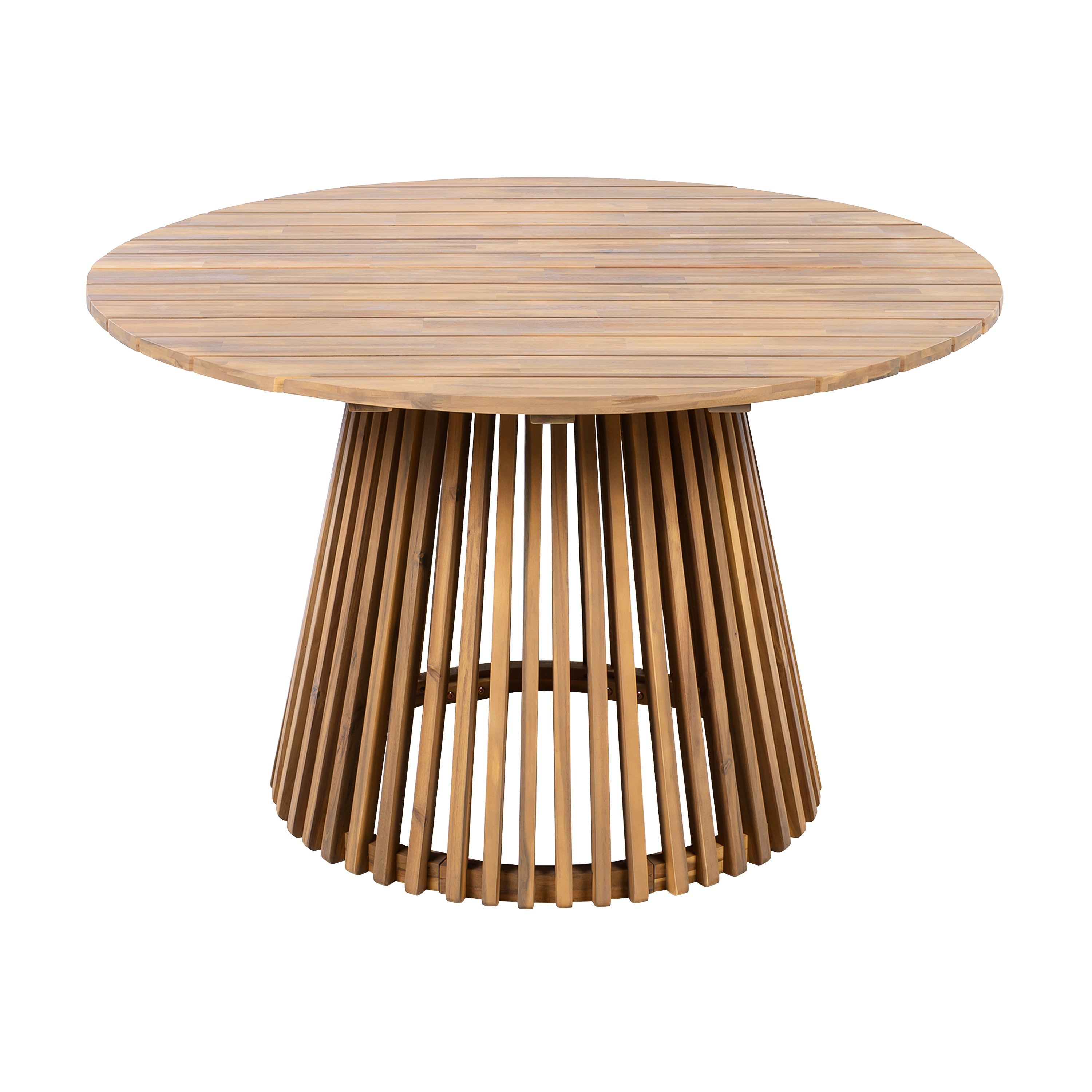 Wooden round table with a unique base design on a white background